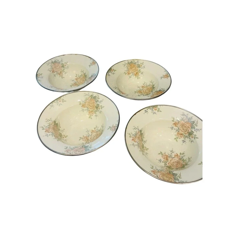 Mackenzie Childs V&R Enamelware Enamel Floral Rose 7.5” Bowl Set Of 4